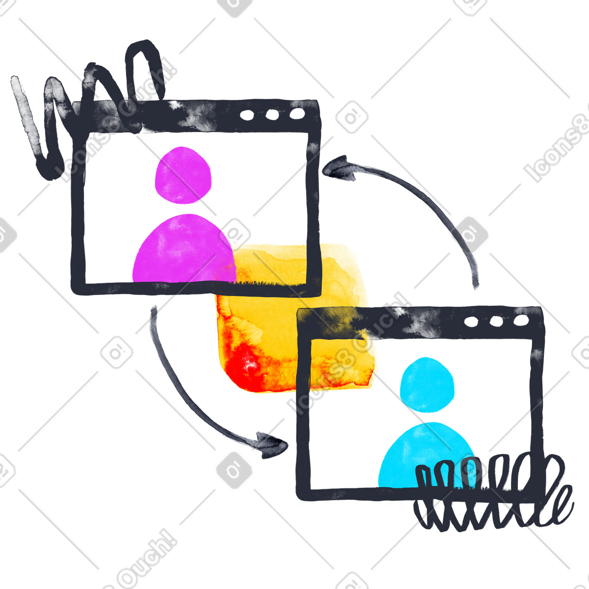 Online meeting screens with participants, Virtual collaboration or remote work illustration in Inky style download in PNG, SVG