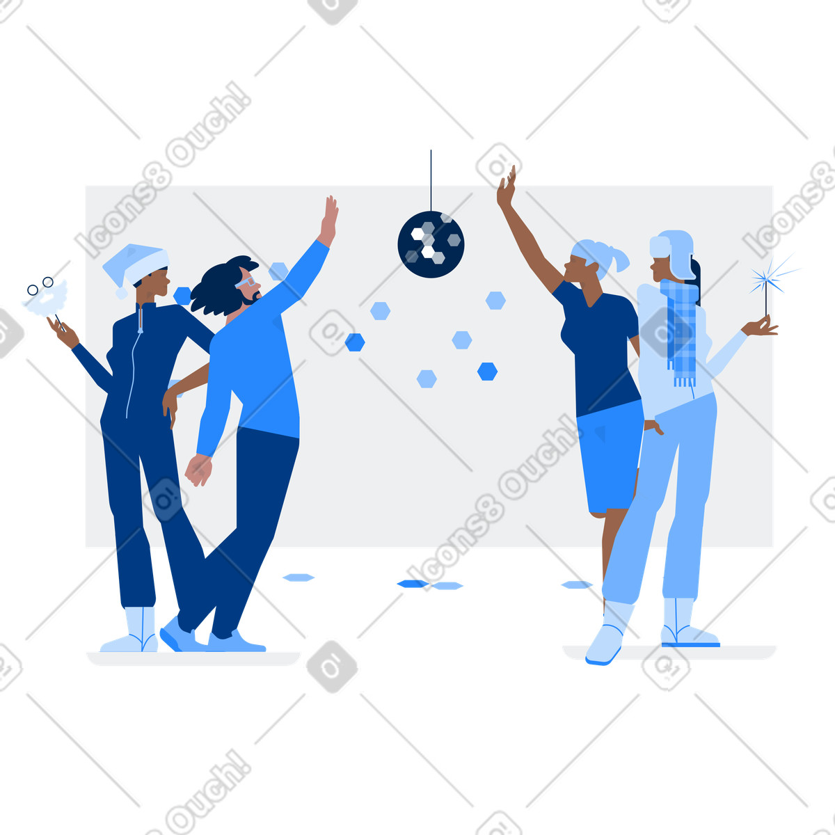Friends celebrating under disco ball, New Year party and festive holiday gathering illustration in Urban style download in PNG, SVG