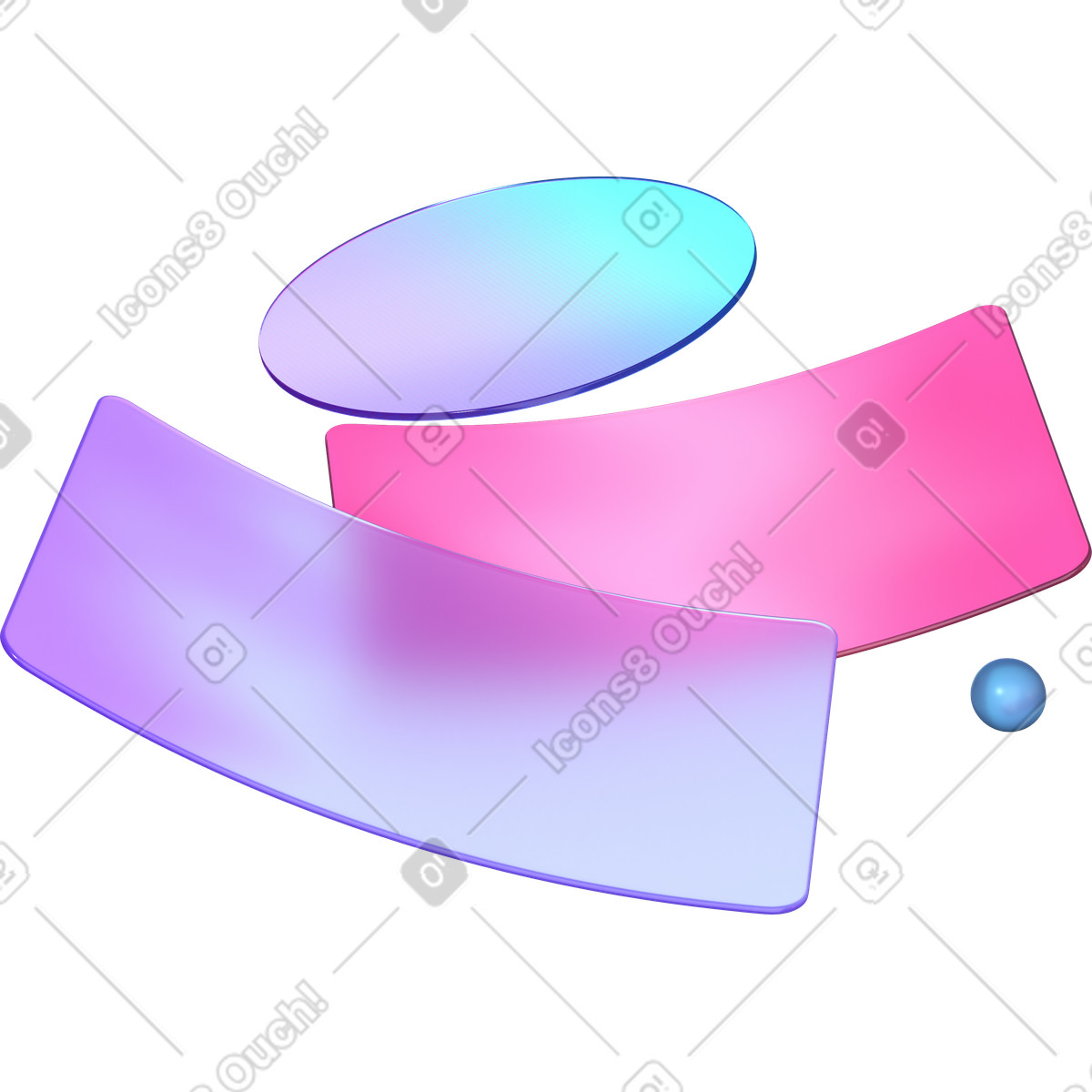 Illustration Cartes aux coins arrondis, sphère de verre et ellipse dans le style 3D Glassy à télécharger formats PNG, SVG