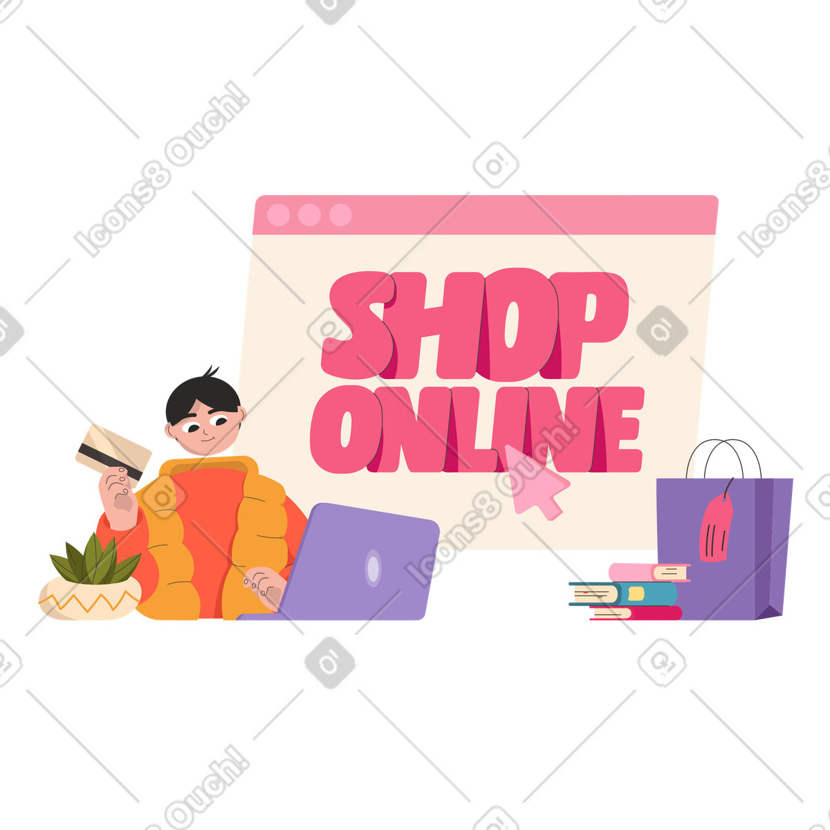 Typ mit kreditkarte beim online-shopping-Illustration im Dizzy-Stil als Download in PNG, SVG