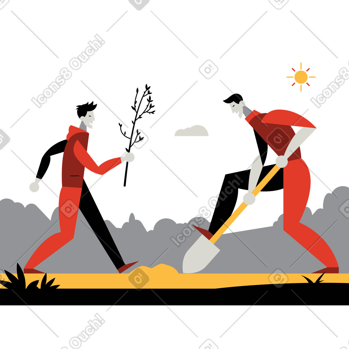 Illustration Un homme et garçon sur le point de planter arbre dans style Burgundy à télécharger aux formats PNG, SVG