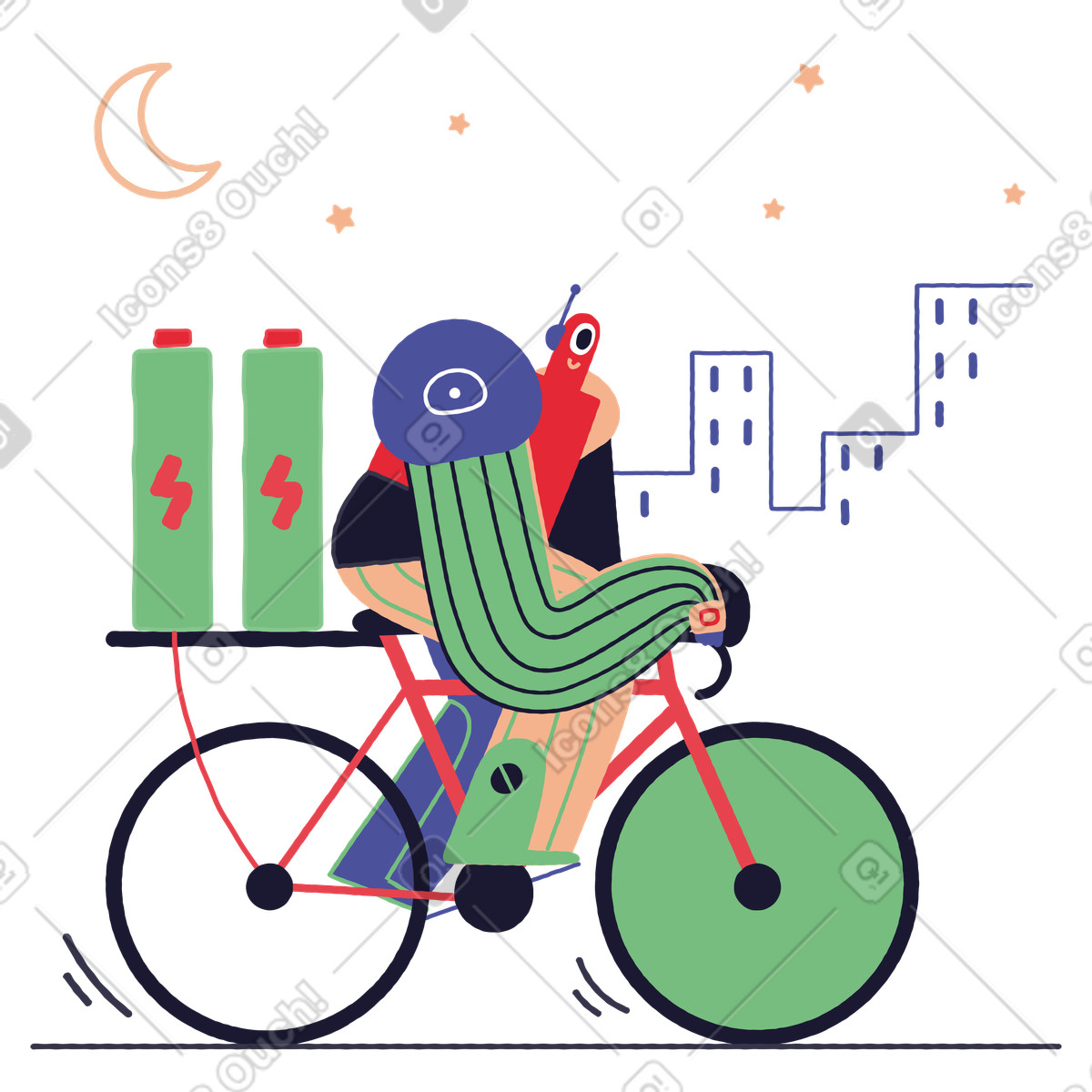 Charakter fährt elektrofahrrad in der stadt-Illustration im Stripy-Stil als Download PNG, SVG