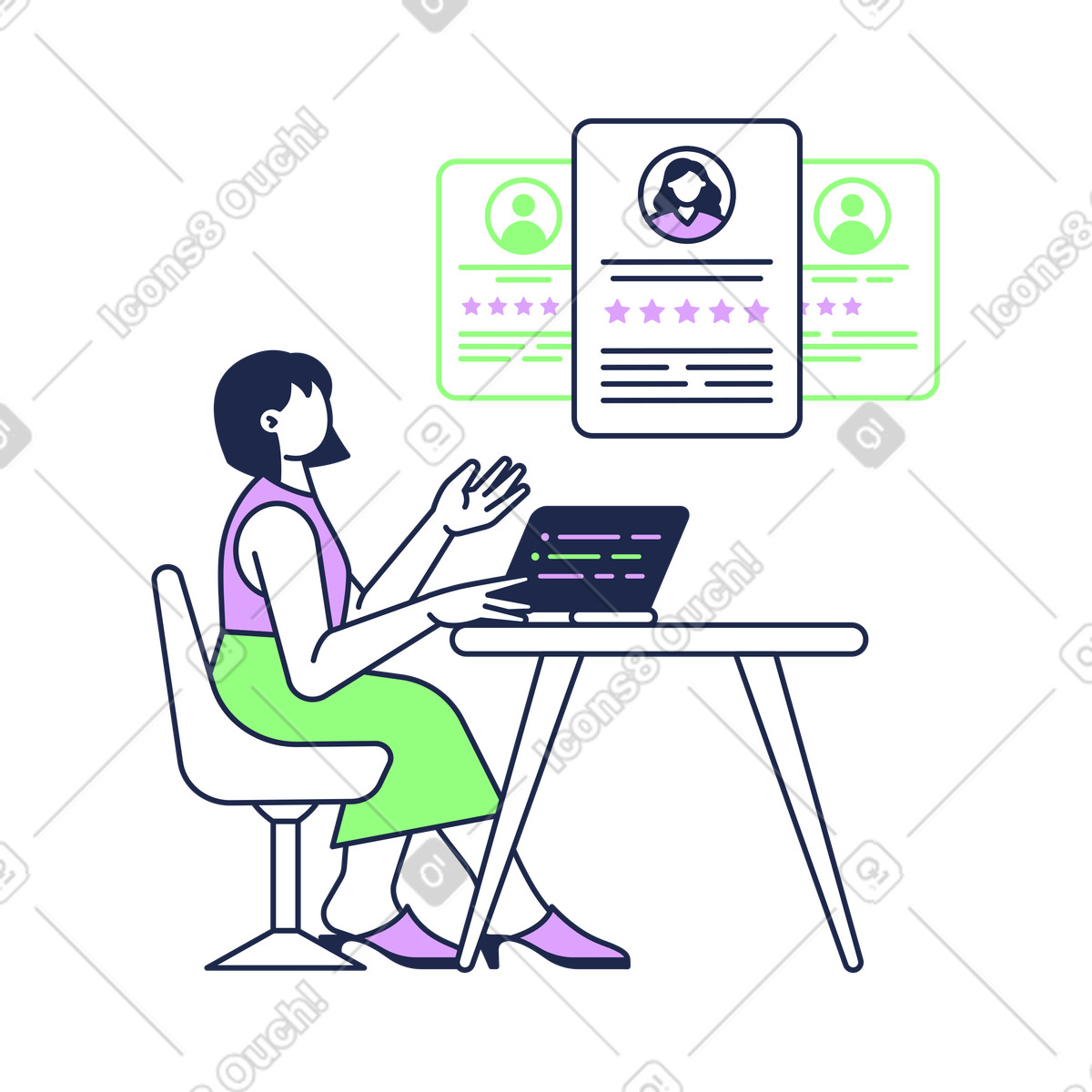 Ilustración Agente de reclutamiento analizando los currículos candidatos en estilo Outline a descargar en PNG y SVG