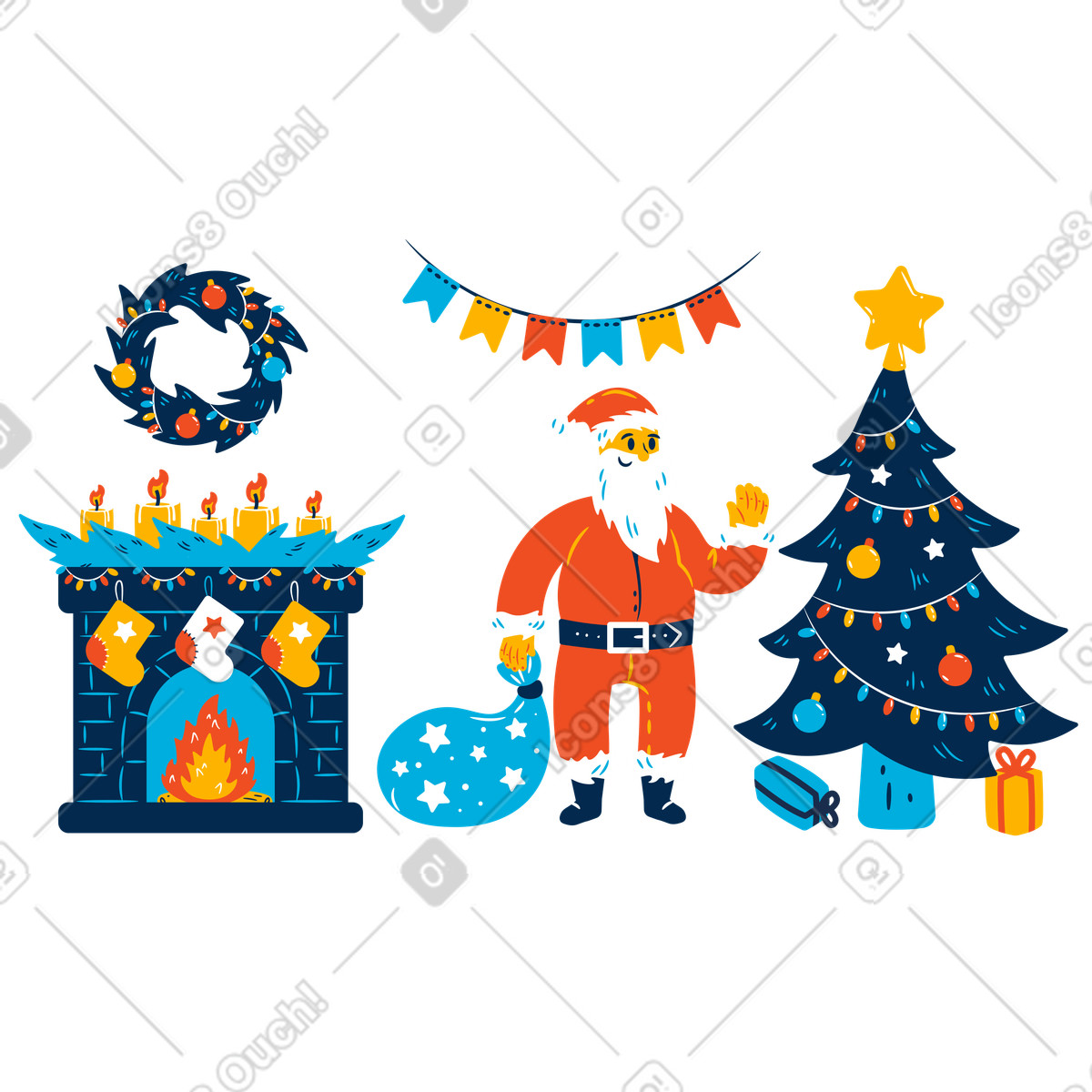 Santa visiting festive home with presents, Christmas celebration and greeting-Illustration im Flame-Stil als Download in PNG, SVG