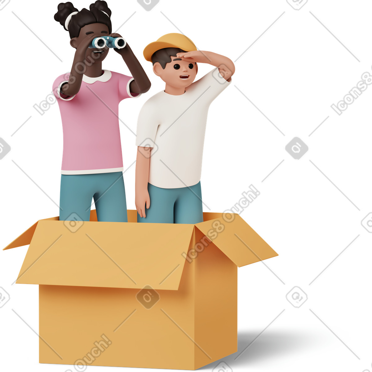 3D Casual life 스타일의 Kids exploring with binoculars in cardboard box, imagination and playtime 일러스트레이션 PNG, SVG 다운로드