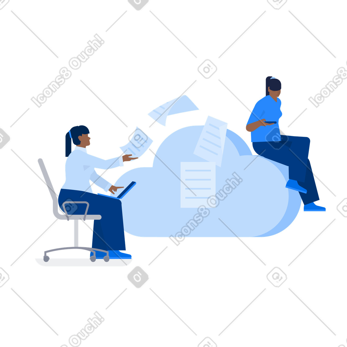 La donna con il laptop in grembo condivide i documenti cloud storage illustrazione stile Urban scarica PNG, SVG