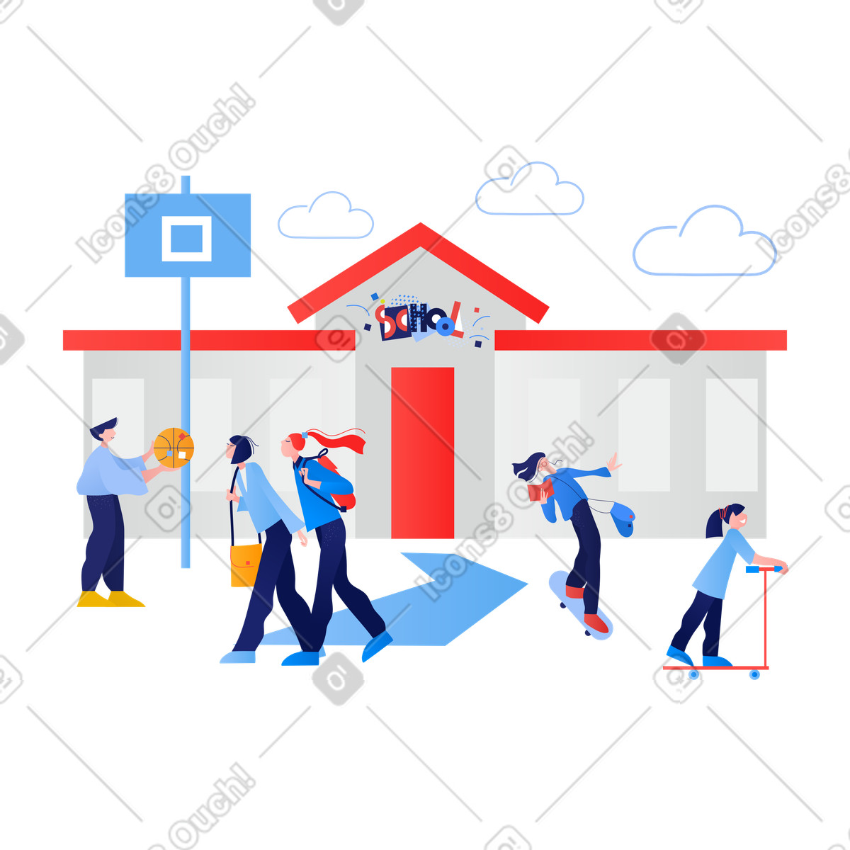 Ilustração de Crianças andando ao lado do prédio da escola em no estilo Clip para baixar em PNG, SVG