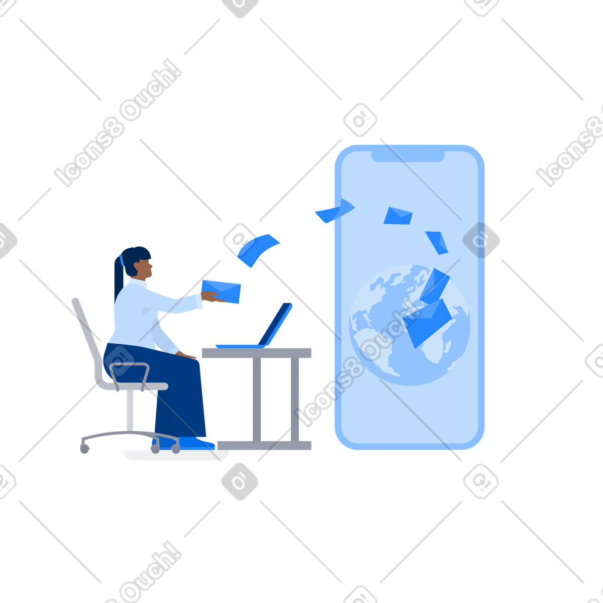 Office worker at laptop sending emails worldwide, global digital communication illustration in Urban style download in PNG, SVG