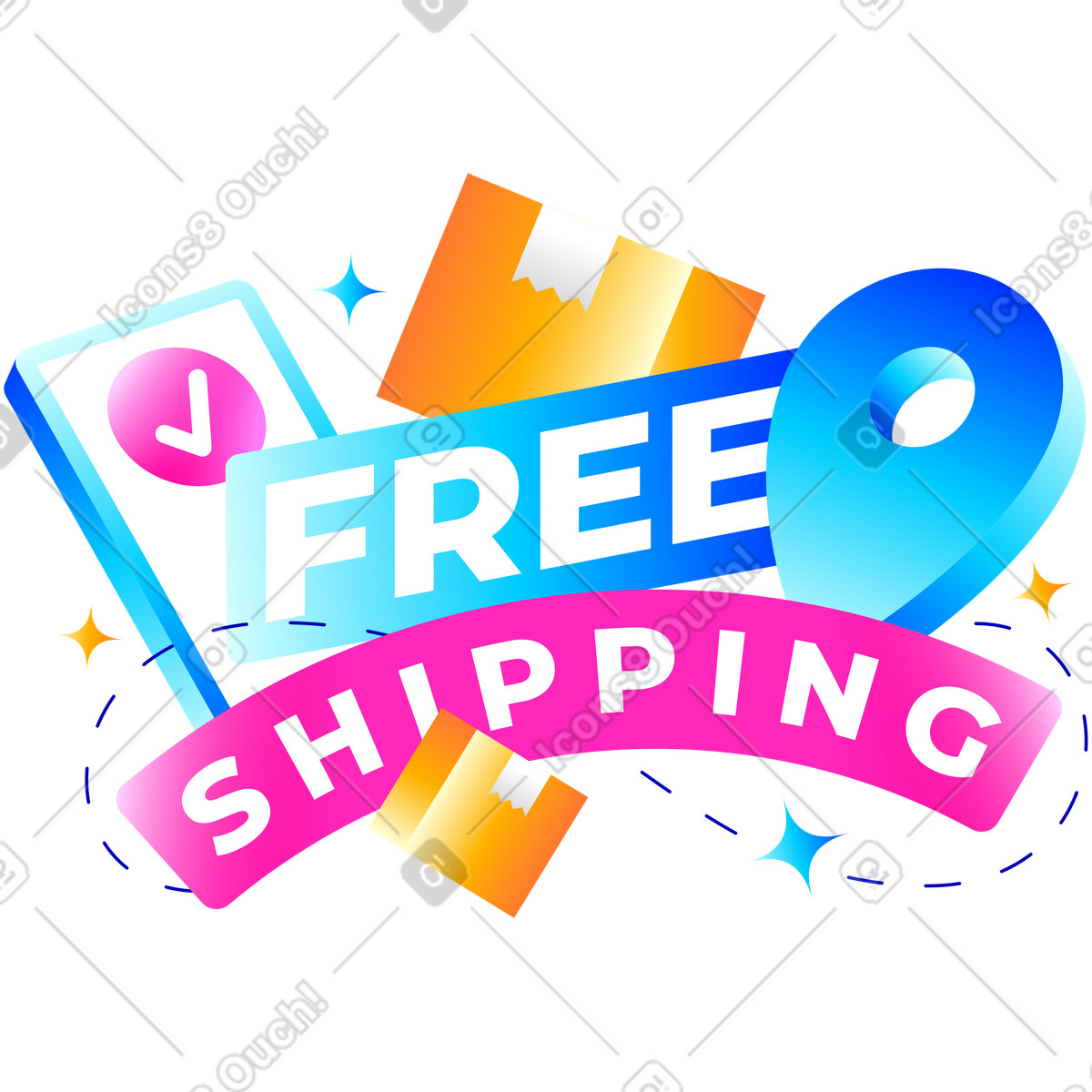 Ilustración Letras de envío gratuito con elementos entrega y estrellas en estilo Lettering a descargar en PNG SVG