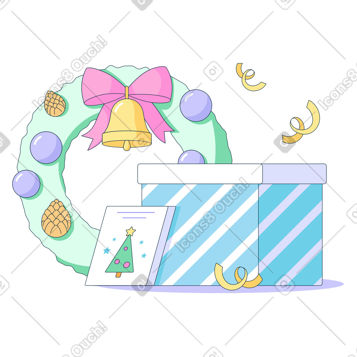 Christmas gift, postcard, wreath with jingle bell illustration in Bubble gum style download in PNG, SVG