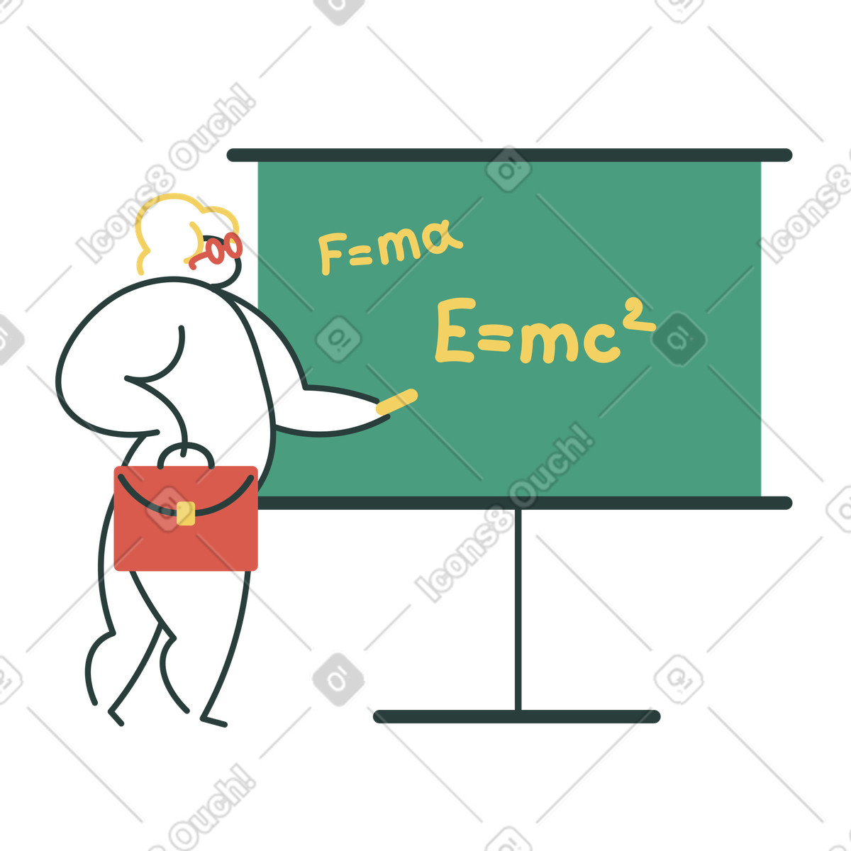 Physics teacher writing formulas on chalkboard illustration in Macaroni style download in PNG, SVG