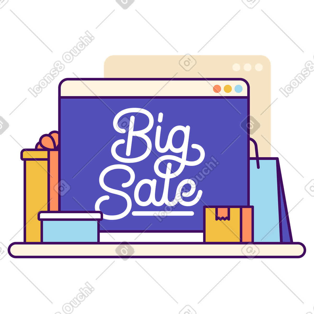 Big sale lettering on web page with gift boxes, Online store discount promotion illustration in Simplistic style download in PNG, SVG