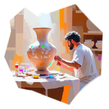 An ancient Greek artist with olive skin and dark, curly hair is carefully painting intricate scenes of mythology on a large clay vase. He is seated at a wooden table, surrounded by various tools and paints. The vase is tall and rounded, featuring a smooth surface that showcases his detailed brushwork. The artist’s expression is focused as he depicts gods and heroes amidst flowing drapery and lively action. Sunlight streams in, illuminating the vibrant colors of the paints and the rich texture of the clay. In the background, shelves lined with more pottery and art supplies are visible.