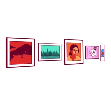 A white wall displays five distinct framed pieces of artwork, each representing a different artistic style. The first frame on the left features a vibrant red abstract painting with bold, sweeping brushstrokes. Next to it, a teal impressionist landscape captures the subtle play of light on trees and water. In the center, a traditional portrait painted in hues of orange showcases intricate details and lifelike features. Moving to the right, a pink pop art piece bursts with graphic elements and playful colors. Finally, the last frame contains a subtle blue minimalist design, emphasizing clean lines and negative space. Each piece is well-lit, highlighting the contrasts between the styles while telling the story of the artist's evolution.