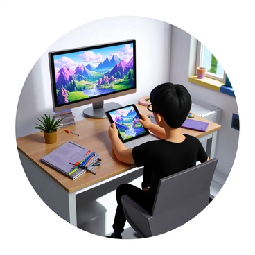 An illustrator with light skin, wearing glasses and a black t-shirt, is seated at a modern wooden desk. They are focused on a digital tablet displaying a vibrant fantasy landscape filled with swirling clouds, towering mountains, and a sparkling river. The landscape includes vivid colors such as bright purples, greens, and blues. The workspace is adorned with sketchbooks and colorful art supplies scattered around, and a soft light illuminates the scene from a nearby window.