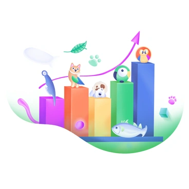 A modern pastel illustration featuring a vibrant bar graph with bars in various colors representing different animals. The bars are arranged side by side and labeled with playful icons of the animals, such as a cat, a dog, a parrot, and a fish. Additional elements like paw prints, feathers, and scales are scattered around the graph to enhance the playful theme. Each bar has a distinctive color and pattern, contributing to a cheerful and engaging visual representation of the statistical data.