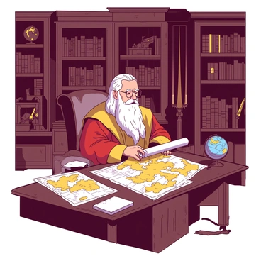 An elderly king with a long white beard is seated at a grand wooden desk in his study. He is focused on reading an ancient scroll held in his hands. The room is dimly lit, with a warm glow illuminating the king's face. Surrounding him are various maps laid out on the desk, depicting distant lands and territories. Tall bookshelves filled with ancient books and artifacts line the walls. There are ornate globes and intricately designed weapons displayed on the shelves, showcasing the king's history and knowledge. The atmosphere exudes a sense of wisdom and authority.