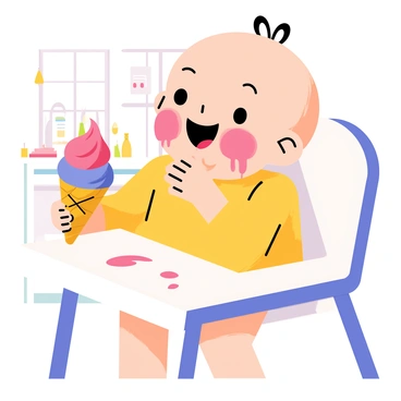 A baby sitting in a high chair, with a big smile on their face, is holding a colorful ice cream cone. The ice cream is a swirl of pink and blue. The baby has a messy face, with sticky ice cream smeared around their mouth and on their cheeks. Their small hands are also covered in ice cream, and there are a few drops of melting ice cream on the high chair tray. The background features a bright, cheerful kitchen setting with playful decor.