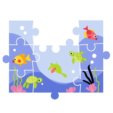 A jigsaw puzzle depicting a vibrant ocean scene, with pieces of varying shades of blue representing water. Several pieces are missing, specifically in areas where colorful fish would be found. The surrounding pieces include coral reefs, seaweed, and bubbles. The visible puzzle pieces are interlocked, showcasing details like a yellow clownfish, a red angelfish, and a green sea turtle. The overall layout emphasizes the gaps where the fish should be, drawing attention to the missing elements in the underwater landscape.