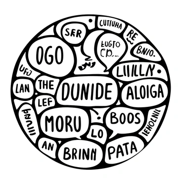 A globe created from overlapping speech bubbles in different shapes and sizes. Each speech bubble contains text in various languages. The speech bubbles are arranged to represent different countries and regions around the globe. The design emphasizes the diversity of languages with a variety of fonts and patterns within each bubble.