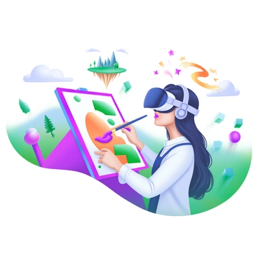 An artist wearing a "VR headset" is holding a "virtual paintbrush" as they create vibrant artwork in a "virtual space" filled with imaginative landscapes. Surrounding the artist are "colorful, surreal scenes," including floating islands, whimsical trees, and fantastical creatures. The artist's expression conveys focus and creativity, with splashes of "vivid colors" swirling around in the air, illustrating their artistic vision coming to life.