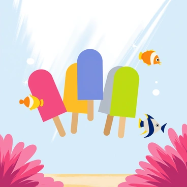 A group of vibrant popsicles in various colors, such as red, blue, and green, are floating in a clear underwater scene. Surrounding the popsicles, a school of colorful fish, including yellow and orange clownfish, blue tangs, and shimmering silver fish, swim gracefully. Bright coral formations in shades of pink and purple serve as the backdrop for this lively underwater world. Sunlight filters down through the water, creating a sparkling effect around the popsicles and the fish.