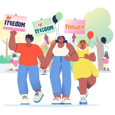 A diverse group of people is walking together, holding colorful signs that celebrate "freedom" in large, bold letters. The first person has curly hair and is wearing a red t-shirt, while the second person has straight hair tied back and is wearing blue jeans and a white tank top. The third person is wearing a bright yellow dress and has an excited expression. Behind them, there are balloons in red, black, and green floating in the air. The atmosphere is lively, with smiles and laughter among the group as they march along a sunlit street lined with trees.