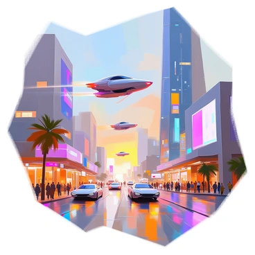 A futuristic cityscape features soaring concrete skyscrapers with sleek, angular designs that pierce the sky. The buildings reflect a shimmering array of glass, showcasing various shades of blue and silver. Above the streets, several flying cars zip through the air, leaving trails of light as they navigate between the buildings. The sky is a vibrant hue, suggesting a sunset with streaks of orange and purple. Below, a bustling street filled with pedestrians and modern vehicles adds life to the scene, while neon signs illuminate the atmosphere with vivid colors.