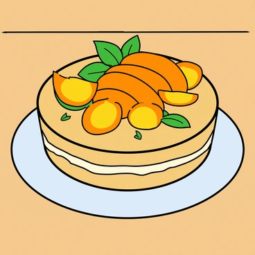 A round slice of torte with a light brown crust, showcasing layers of creamy filling. The top of the torte is adorned with vibrant tropical fruits, including bright orange mango slices and small, round yellow passionfruit halves. The fruits are arranged artfully, with the mango overlapping the passionfruit, and small green mint leaves adding a fresh touch. The slice is presented on a simple white plate, resting on a wooden table.