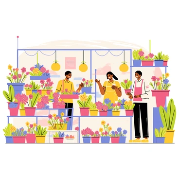 A lively Korean flower market filled with a variety of colorful blooms in shades of pink, yellow, and purple. Numerous stalls display vibrant bouquets and potted plants, creating a visually appealing scene. Cheerful vendors are engaged with customers, showcasing their arrangements and offering advice on plant care. Soft sunlight filters through the market, highlighting the vivid colors of the flowers and the joyful expressions of the people interacting in the bustling environment.