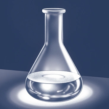 A glass flask sits on a dark surface, its form elegantly curved. It is illuminated from below, casting reflections that dance across the surface. The light creates intricate patterns and shapes, enhancing the flask's transparent nature. The scene evokes a sense of enchanting mystery, as the reflections interact playfully with the darkness around them.