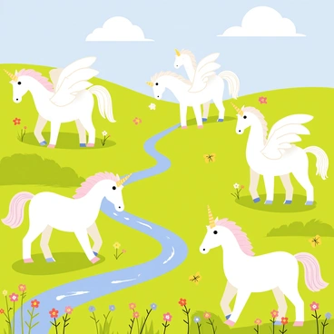 A vibrant green field filled with various magical creatures. Several "hippogriffs" with majestic wings spread wide are seen gracefully grazing among patches of colorful wildflowers. Nearby, "unicorns" with shimmering white coats and spiraled golden horns are peacefully nibbling on the lush grass. In the background, a few fluffy clouds drift across a bright blue sky, and a sparkling stream winds through the field, reflecting the sunlight. Butterflies flutter around the scene, adding to the enchanting atmosphere.