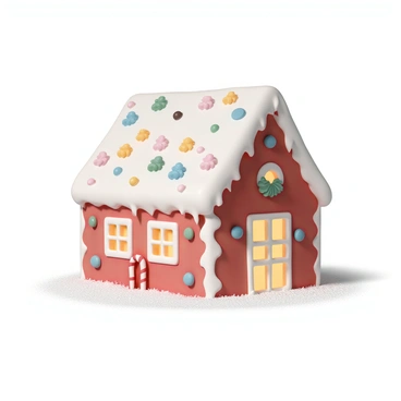 A decorated red gingerbread house with a sloped roof covered in white icing. The walls of the house are made of gingerbread and painted in a vibrant red hue. The house is adorned with an assortment of colorful candies, including gummy bears, rainbow sprinkles, and chocolate buttons. Icicles of icing hang from the eaves, and a small candy cane is positioned at the entrance. The windows are framed with icing and show a warm glow from within. A dusting of powdered sugar covers the ground around the house, mimicking a snowy landscape.