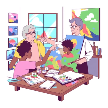 An experienced illustrator with gray hair and glasses is standing next to a young artist who has short curly hair. The illustrator is pointing at a canvas that features a vibrant painting in progress. The young artist is holding a paintbrush and looking attentively at the canvas. Surrounding them are various art materials, including tubes of paint, brushes, and sketchbooks scattered across a wooden table. The room is filled with colorful artwork hanging on the walls, creating a lively and creative atmosphere. Natural light streams in through a large window, illuminating the scene.