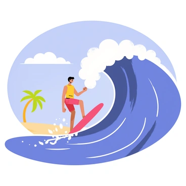 A surfer with a bright red surfboard is riding a giant wave that is curling dramatically. The wave is a vivid blue, with white foam cresting at the top. The sky above is clear and bright, showcasing a deep blue hue with a few scattered white clouds. In the background, there are hints of a sandy beach and distant palm trees, framing the scene. The sunlight reflects off the water, creating sparkling highlights around the surfer and the wave.
