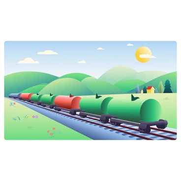 A long freight train carrying oil tank carriages across a countryside landscape