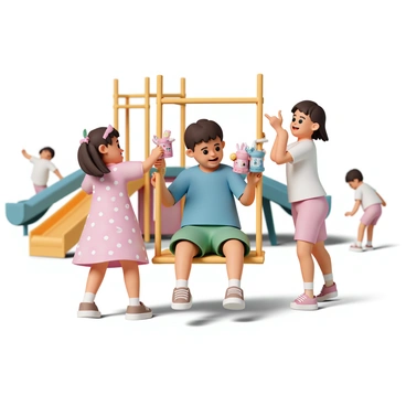 Two children, a boy and a girl, are playing together in a colorful playground. The boy, wearing a blue t-shirt and green shorts, is sitting on a swing while holding several "gacha toys" in his hands, displaying a wide variety of characters and designs. The girl, wearing a pink dress with white polka dots and matching sneakers, is standing beside him, excitedly pointing at a toy. They are surrounded by bright playground equipment, including a slide and climbing frame, with other children playing in the background. The scene conveys a joyful atmosphere, as the children engage in imaginative play, incorporating the gacha toys into their games.