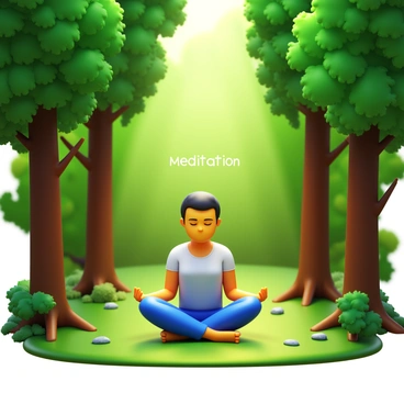 A person squatting quietly in a dense forest, surrounded by tall trees with lush green leaves. Sunlight filters through the canopy, casting dappled shadows on the forest floor. The individual is wearing comfortable, loose-fitting clothing, with eyes closed in concentration. Small details include a few scattered pebbles and patches of moss on the ground, creating a serene natural setting. "Meditation" is subtly displayed above the person, enhancing the calm atmosphere.