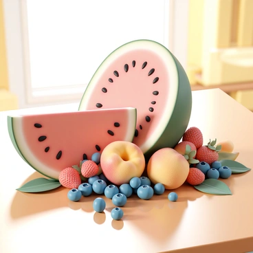 A colorful arrangement of seasonal fruits, featuring a large, half-cut watermelon with vibrant red flesh and dark seeds. Surrounding the watermelon are clusters of fresh blueberries and strawberries, their juicy surfaces glistening. Nestled among the berries are ripe, golden peaches with fuzzy skin, some with a slight blush. The display is set on a wooden table, reflecting the bright and warm colors reminiscent of summer. Sunlight streams in, highlighting the freshness of the fruits.