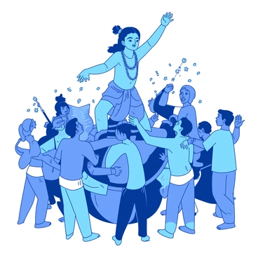 A blue large statue depicting a group of mythological figures celebrating the "dahi handi" festival. The scene includes a striking representation of "Krishna" playfully reaching for a clay pot filled with butter, surrounded by excited devotees. Beside him, there are colorful figures of young men forming a human pyramid, striving to reach the pot. The background features vibrant decorations, with garlands and traditional motifs enhancing the festive atmosphere. The statues are intricately designed, showcasing detailed expressions and dynamic poses, bringing the celebration to life.
