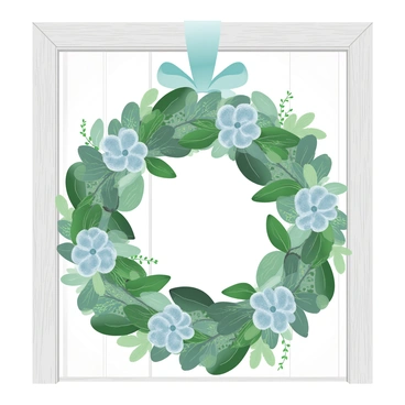 A decorative wreath made of dried basil and various herbs is hanging prominently on a wooden kitchen door. The wreath has a circular shape, showcasing the textured leaves and stems of the dried herbs, creating an intricate pattern. The door has a rustic finish, with natural wood grain visible. Light softly illuminates the wreath, enhancing the earthy tones of the basil and herbs. A small ribbon, in a muted color, is tied at the top of the wreath, adding a touch of elegance to the farmhouse-style décor.