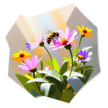 A busy bee with vibrant yellow and black stripes is gathering nectar from a bright pink bee balm flower. The garden is filled with lush greenery, showcasing various plants and colorful blossoms. Sunlight filters through the leaves, casting gentle shadows on the ground. Other flowers, including purple coneflowers and yellow daisies, surround the bee balm, adding to the lively atmosphere of the garden. The scene is filled with the textures of the petals and the buzzing energy of nature.