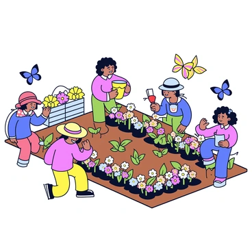 A group of open peeps are engaged in activities within a community garden. Some peeps are planting vibrant flowers in neat rows, while others are sowing seeds for vegetables in tilled soil. Each peep is wearing a broad-brimmed hat to shield themselves from the sun. Gardening tools such as small shovels and watering cans are scattered around the garden. The garden is surrounded by a rustic wooden fence, and there are colorful butterflies fluttering above the flowers.