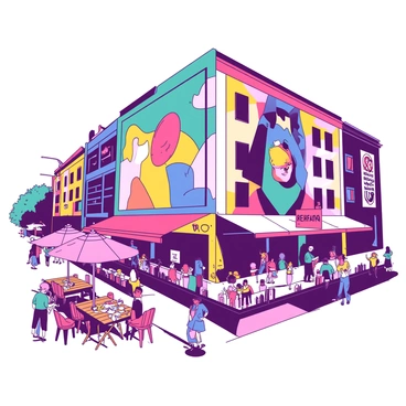 A vibrant building is adorned with large, colorful murals depicting abstract shapes and figures. The murals feature a mix of bright colors that attract the eyes of passersby. The building is surrounded by lively streets filled with people, some stopping to admire the art. In the foreground, a small outdoor café with wooden tables and umbrellas is filled with patrons enjoying their drinks. The atmosphere is buzzing with energy, reflecting the trendy vibe of the Belgrade neighborhood.