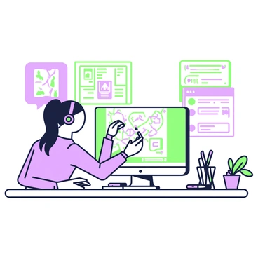 An artist sits in a well-lit room, focused on their drawing as they live stream the session to an audience. The artist has long hair tied back and is wearing headphones. In front of them, a computer is open, displaying a chat window filled with messages from viewers. The artist is using a digital tablet with a stylus in hand, creating vibrant lines on the screen. Several art supplies, including colored markers and sketchbooks, are scattered on the desk around them. A small potted plant is positioned to the side, and a poster of famous artworks is visible on the wall behind.