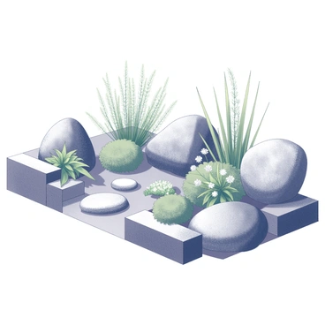 A rock garden featuring an assortment of carefully arranged stones of various sizes and shapes. The stones are positioned to create natural pathways and low walls, enhancing the garden's structure. Alpine plants are interspersed among the stones, showcasing their unique textures and forms. The plants include small flowering varieties, with green foliage contrasting against the rugged stone surfaces. The overall composition emphasizes harmony between the stones and the vegetation, creating an inviting and organized outdoor space.