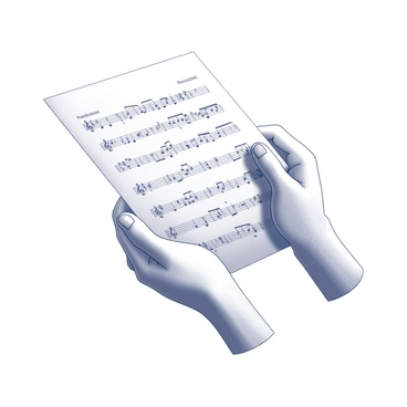 Two hands gently grasping a sheet of music. The hands are positioned at the bottom corners of the sheet, with fingers slightly curled around the edges. The music notes and symbols are clearly visible on the paper, showcasing a complex arrangement of melodies. The background is softly blurred, emphasizing the hands and the sheet, conveying a sense of anticipation for the performance ahead.