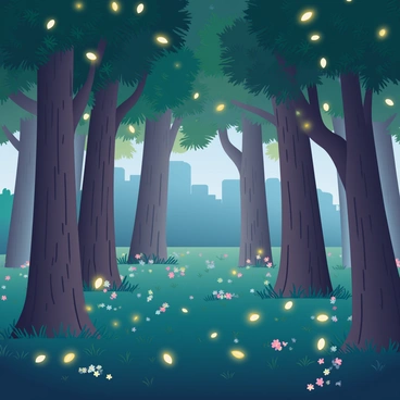 A dense forest filled with tall, ancient trees reaches toward the night sky. The leaves are a deep green, and the bark of the trees displays various shades of brown. Hundreds of fireflies are scattered throughout the scene, their soft yellow glows lighting up the surroundings like tiny stars. The ground is covered in lush, dark green grass and a scattering of colorful wildflowers, adding vibrancy to the forest floor. A gentle breeze causes the fireflies to flicker and dance, creating a mesmerizing display in the tranquility of the night. In the background, faint silhouettes of more trees create depth against the starry sky.