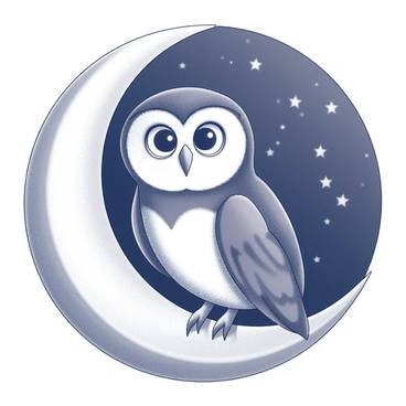 An owl perched on a crescent moon. The owl has large, round eyes and intricately detailed feathers. The crescent moon is gently curved, providing a stable perch for the owl. The background features a starry sky, filled with numerous stars scattered across the darkness. The contrast between the owl, the moon, and the stars creates a striking visual composition.