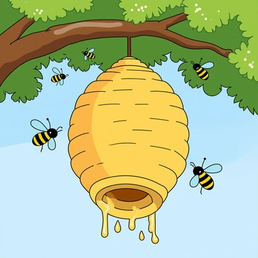 A large, round bee hive made of textured honeycomb, hanging from a sturdy brown tree branch. The hive is filled with golden honey dripping from the bottom. Several buzzing bees with black and yellow stripes are flying around the hive, some landing on its surface. The tree branch is adorned with lush green leaves that are dappled with sunlight, creating a playful atmosphere around the hive. In the background, a clear blue sky adds to the cheerful scene.